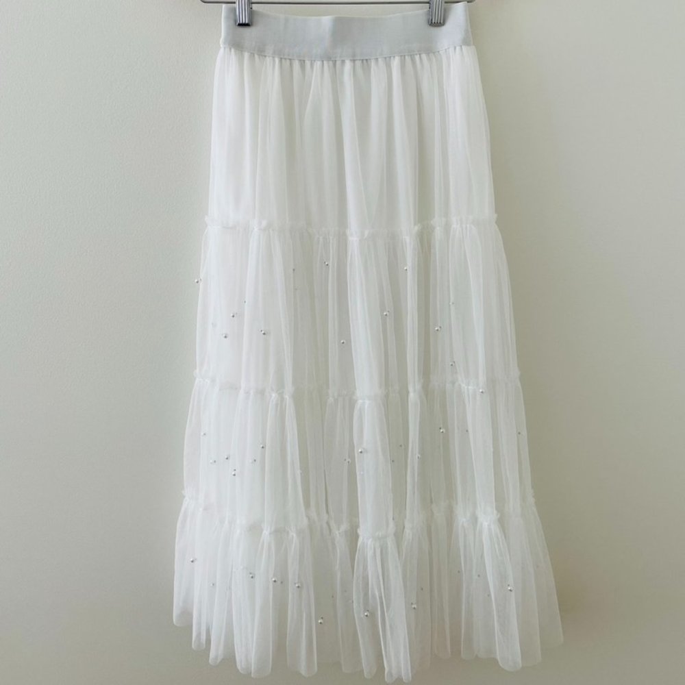 Korean Style Fashion White mesh skirt with pearls